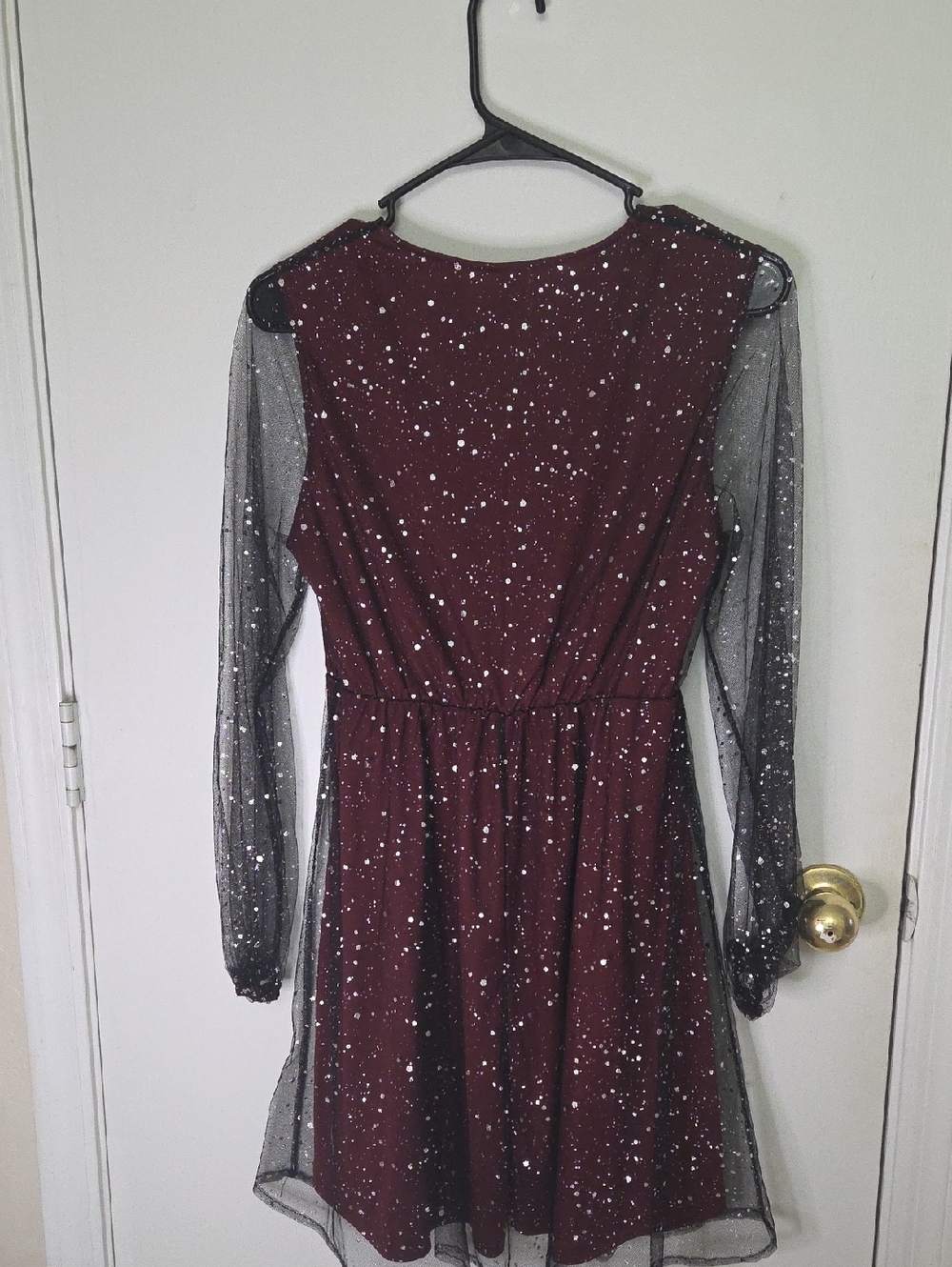 SHEIN Burgundy Sparkle Dress with Sheer Black Sleeves
